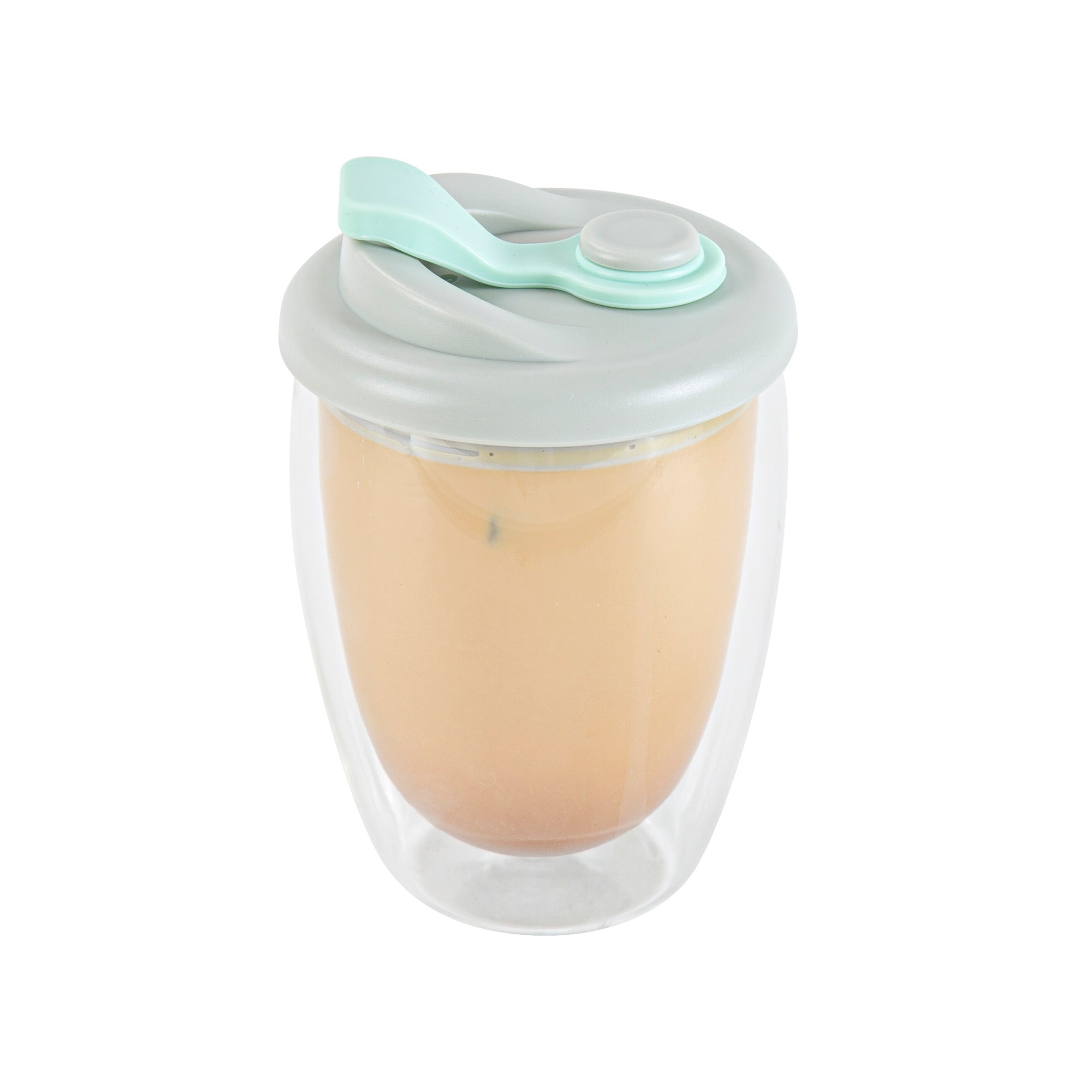 Forma Professional 12 oz Glass Travel Mug - Double Wall, Borosilicate, with Gray and Green Lid - 10 count box