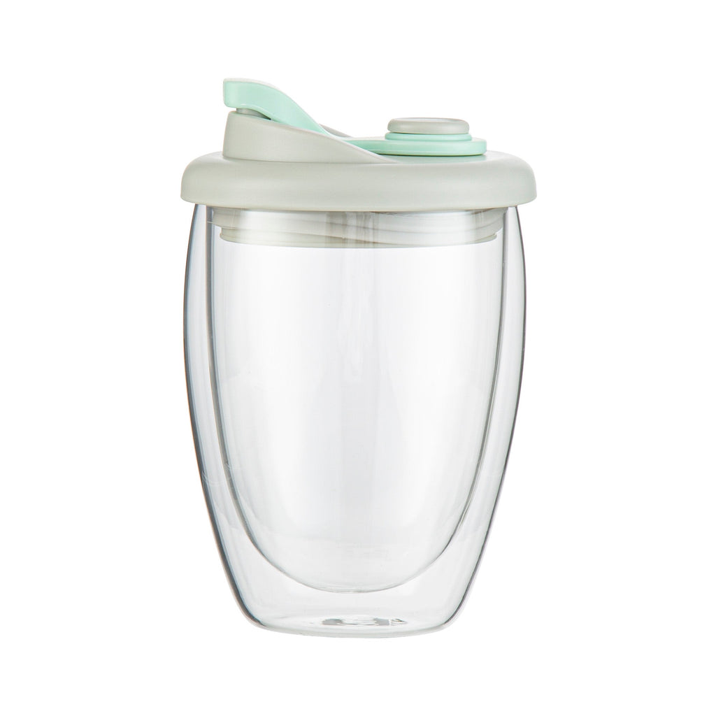 Forma Professional 12 oz Glass Travel Mug - Double Wall, Borosilicate, with Gray and Green Lid - 10 count box