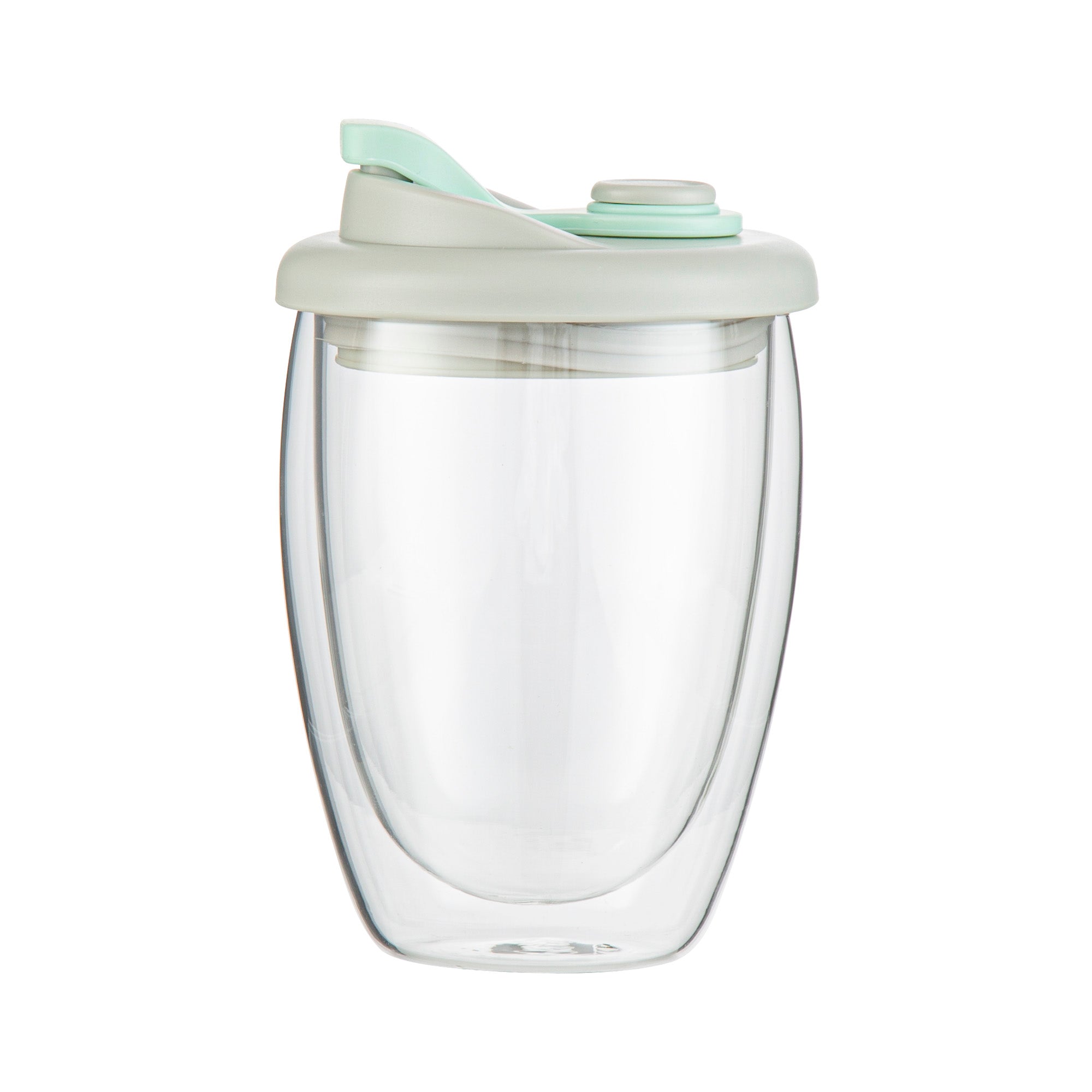 Forma Professional 12 oz Glass Travel Mug - Double Wall, Borosilicate, with Gray and Green Lid - 10 count box