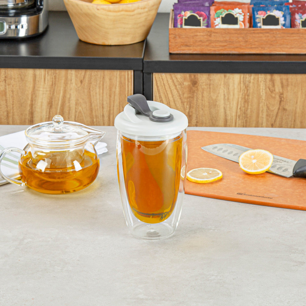 Forma Professional 15 oz Glass Travel Mug - Double Wall, Borosilicate, with Gray Lid - 1 count box