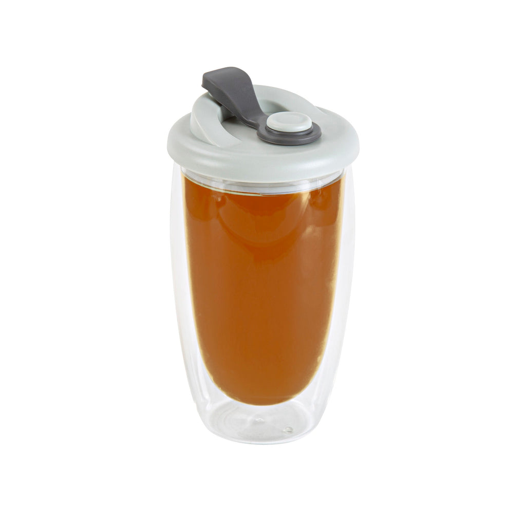 Forma Professional 15 oz Glass Travel Mug - Double Wall, Borosilicate, with Gray Lid - 10 count box