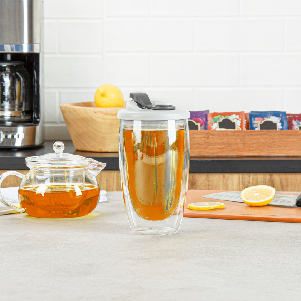 Forma Professional 15 oz Glass Travel Mug - Double Wall, Borosilicate, with Gray Lid - 10 count box