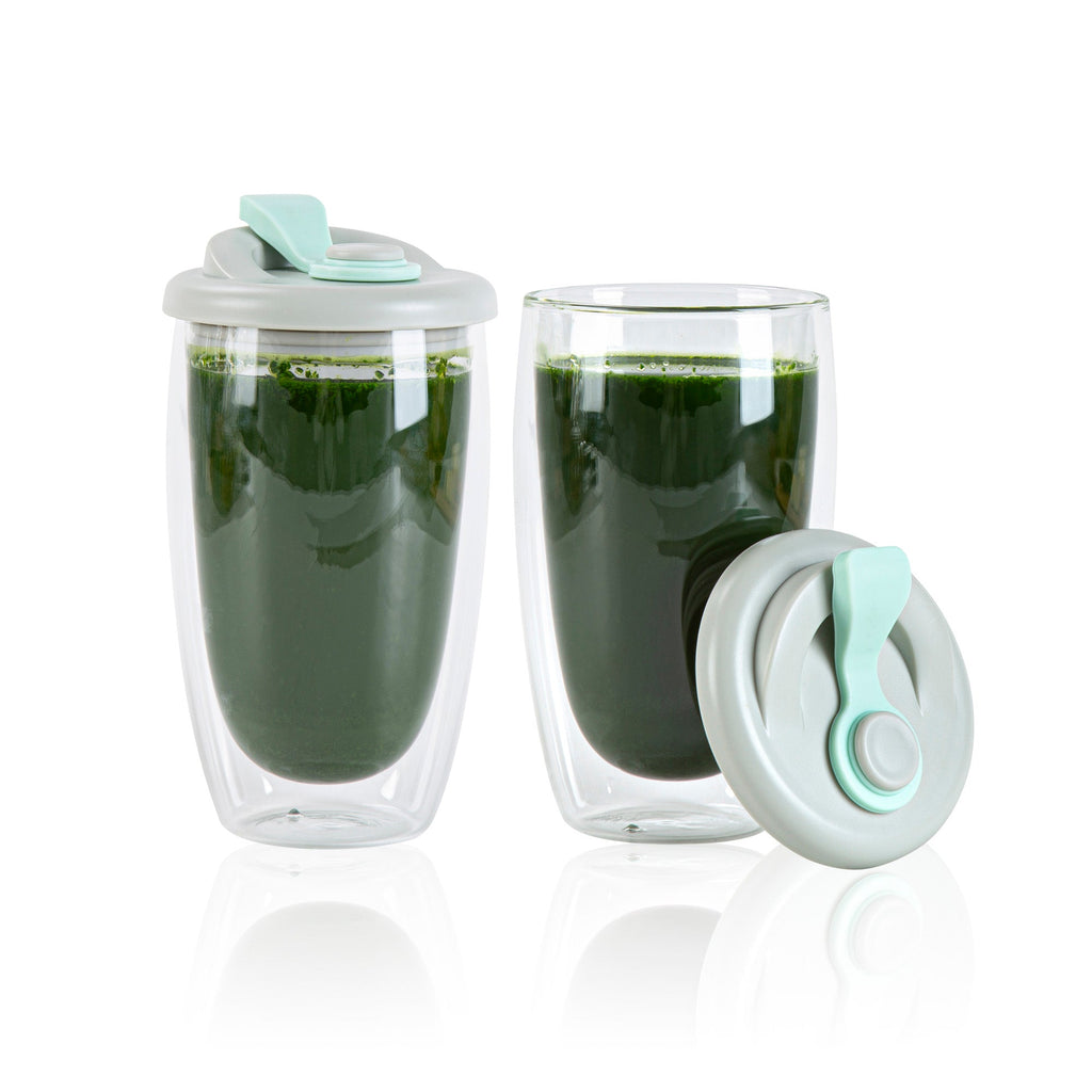 Forma Professional 15 oz Glass Travel Mug - Double Wall, Borosilicate, with Gray and Green Lid - 1 count box
