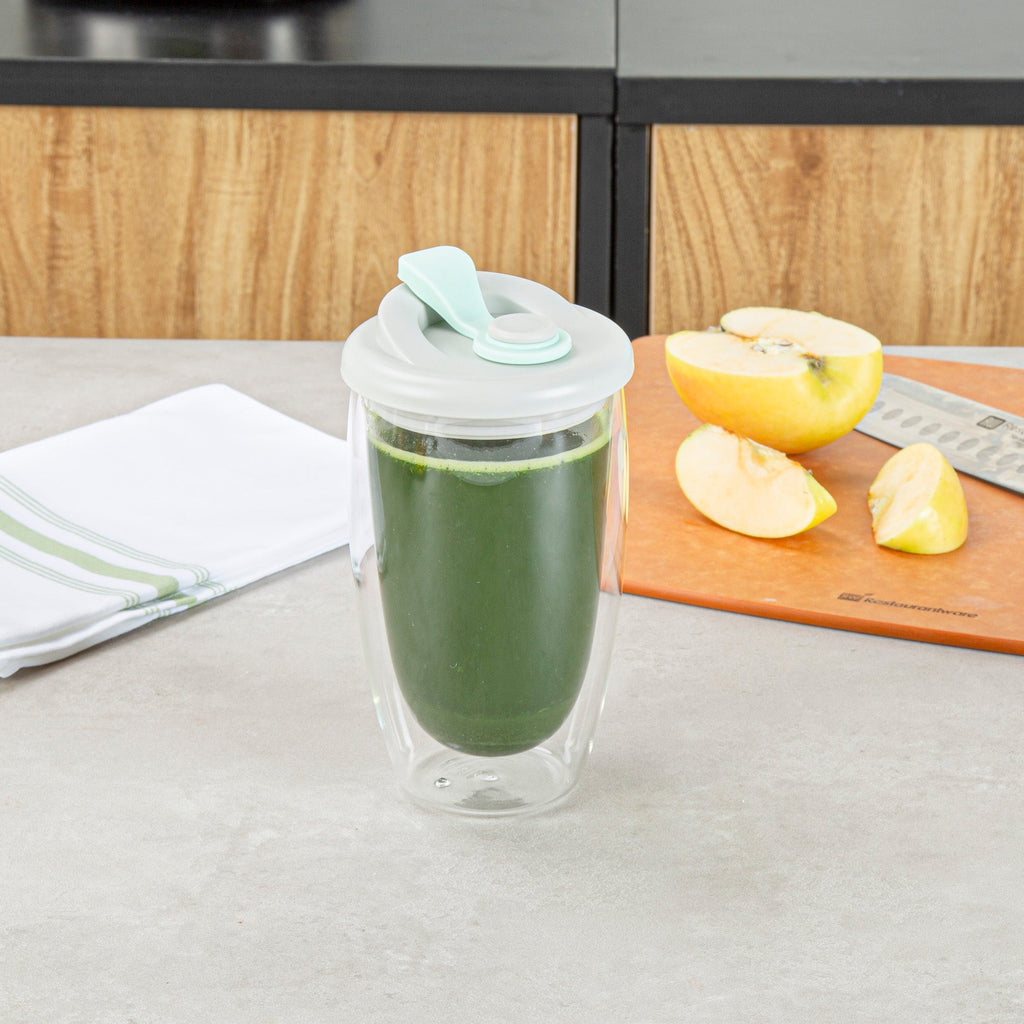 Forma Professional 15 oz Glass Travel Mug - Double Wall, Borosilicate, with Gray and Green Lid - 1 count box