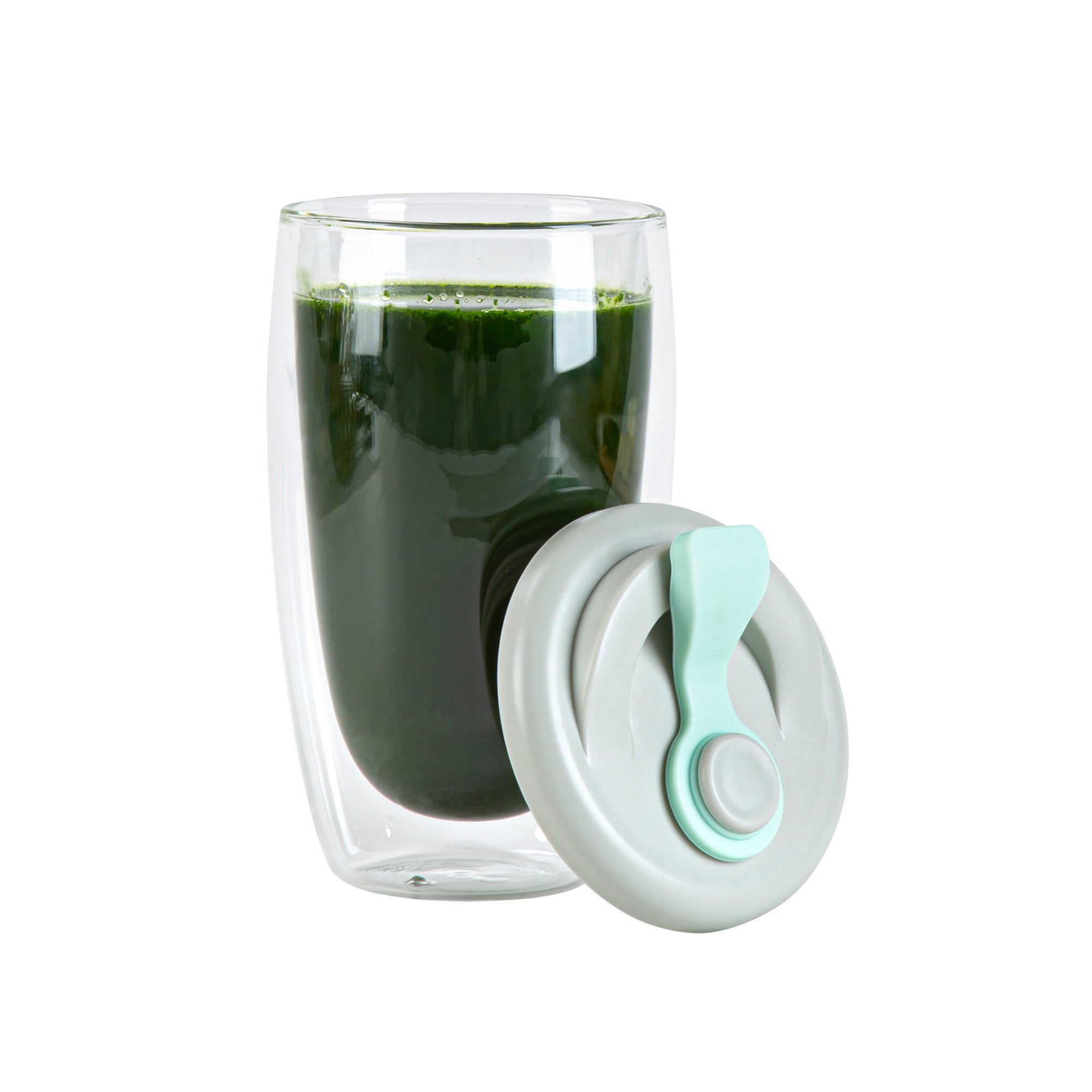 Forma Professional 15 oz Glass Travel Mug - Double Wall, Borosilicate, with Gray and Green Lid - 1 count box