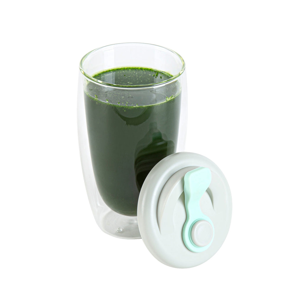 Forma Professional 15 oz Glass Travel Mug - Double Wall, Borosilicate, with Gray and Green Lid - 1 count box