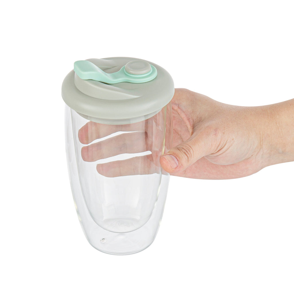 Forma Professional 15 oz Glass Travel Mug - Double Wall, Borosilicate, with Gray and Green Lid - 10 count box