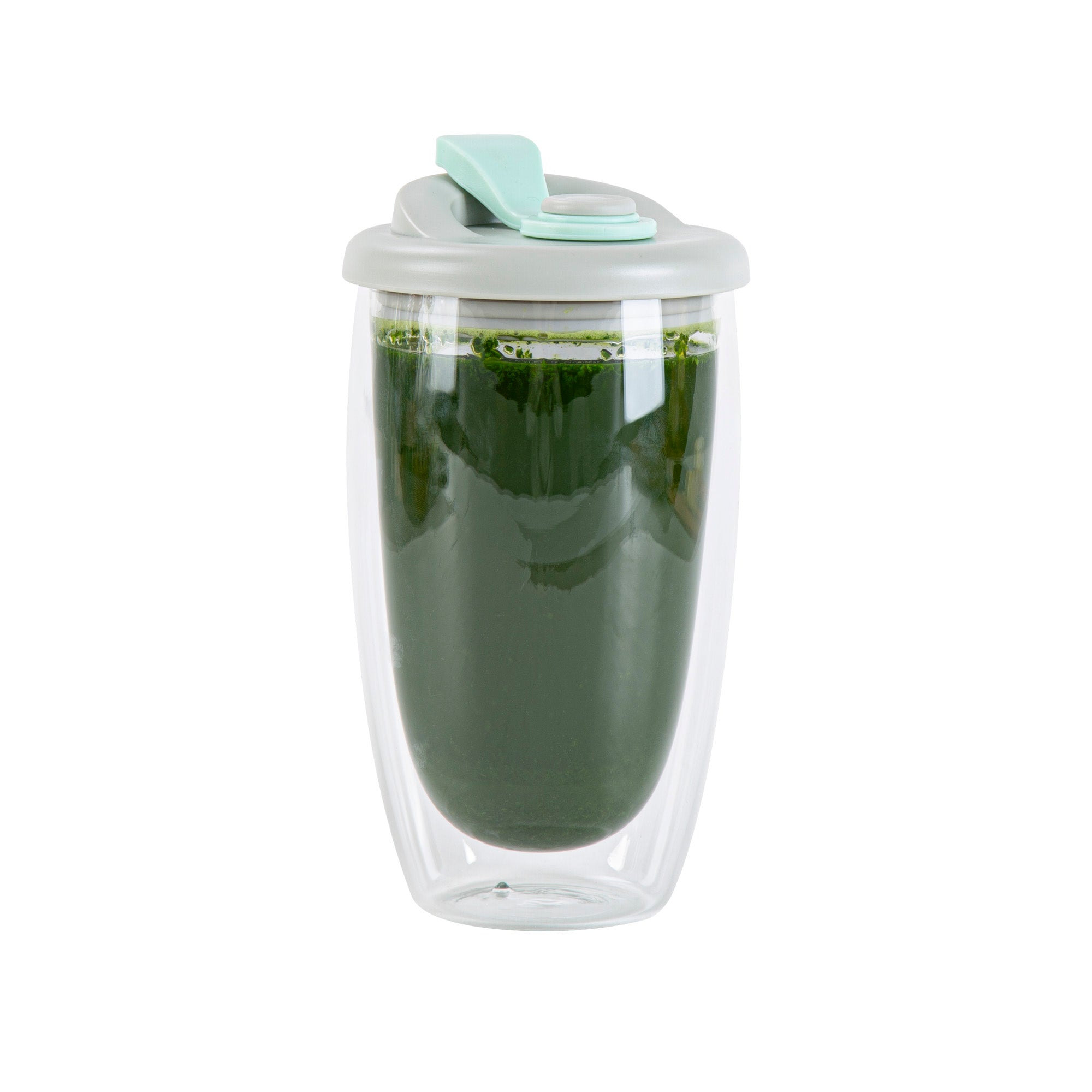 Forma Professional 15 oz Glass Travel Mug - Double Wall, Borosilicate, with Gray and Green Lid - 10 count box