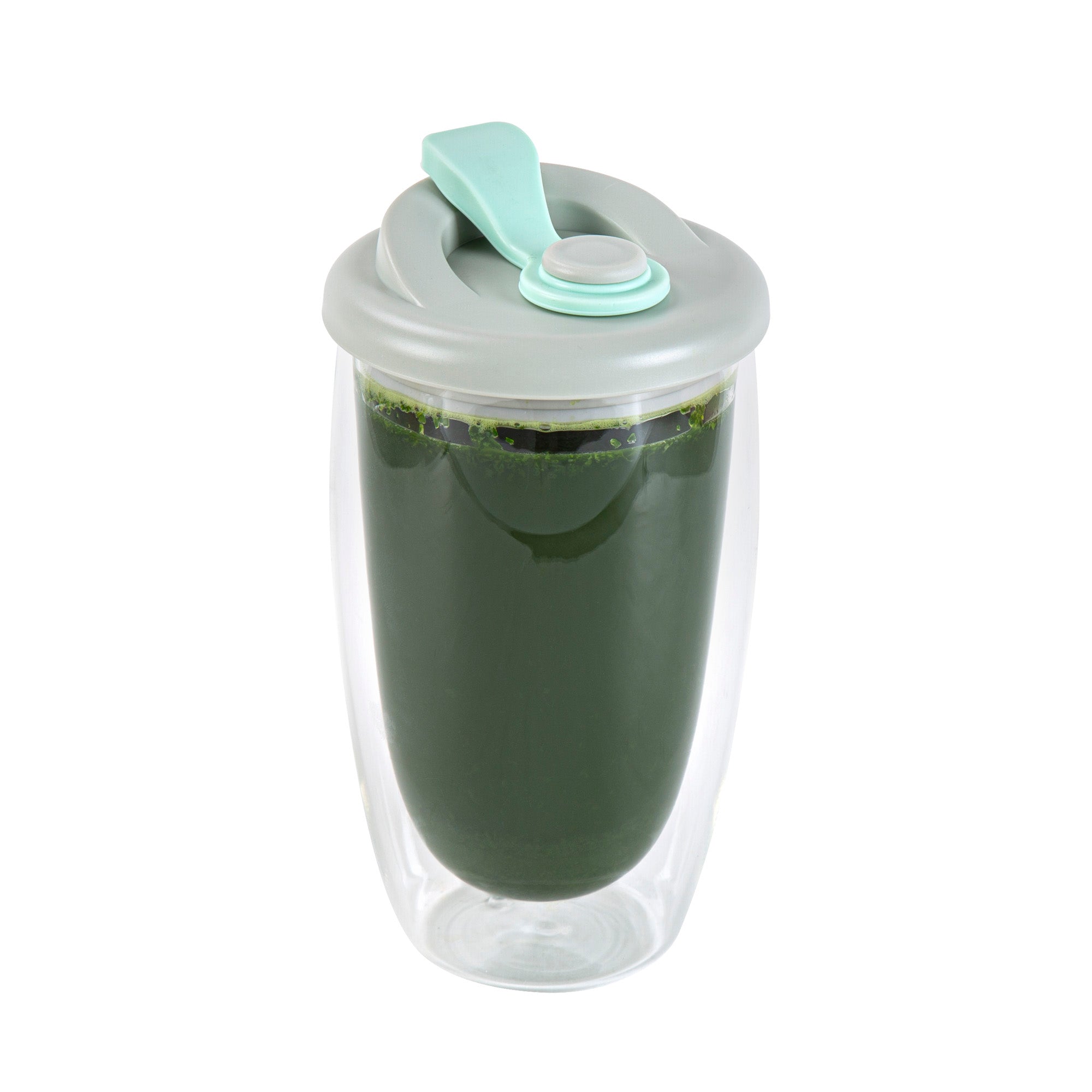 Forma Professional 15 oz Glass Travel Mug - Double Wall, Borosilicate, with Gray and Green Lid - 10 count box