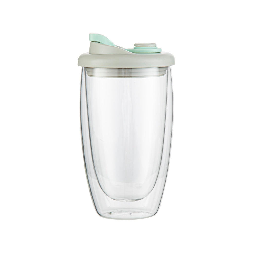 Forma Professional 15 oz Glass Travel Mug - Double Wall, Borosilicate, with Gray and Green Lid - 10 count box