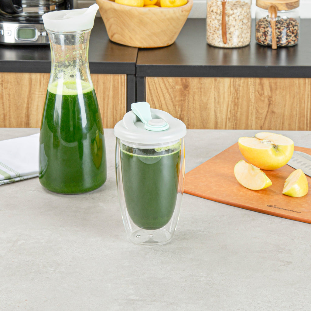 Forma Professional 15 oz Glass Travel Mug - Double Wall, Borosilicate, with Gray and Green Lid - 10 count box
