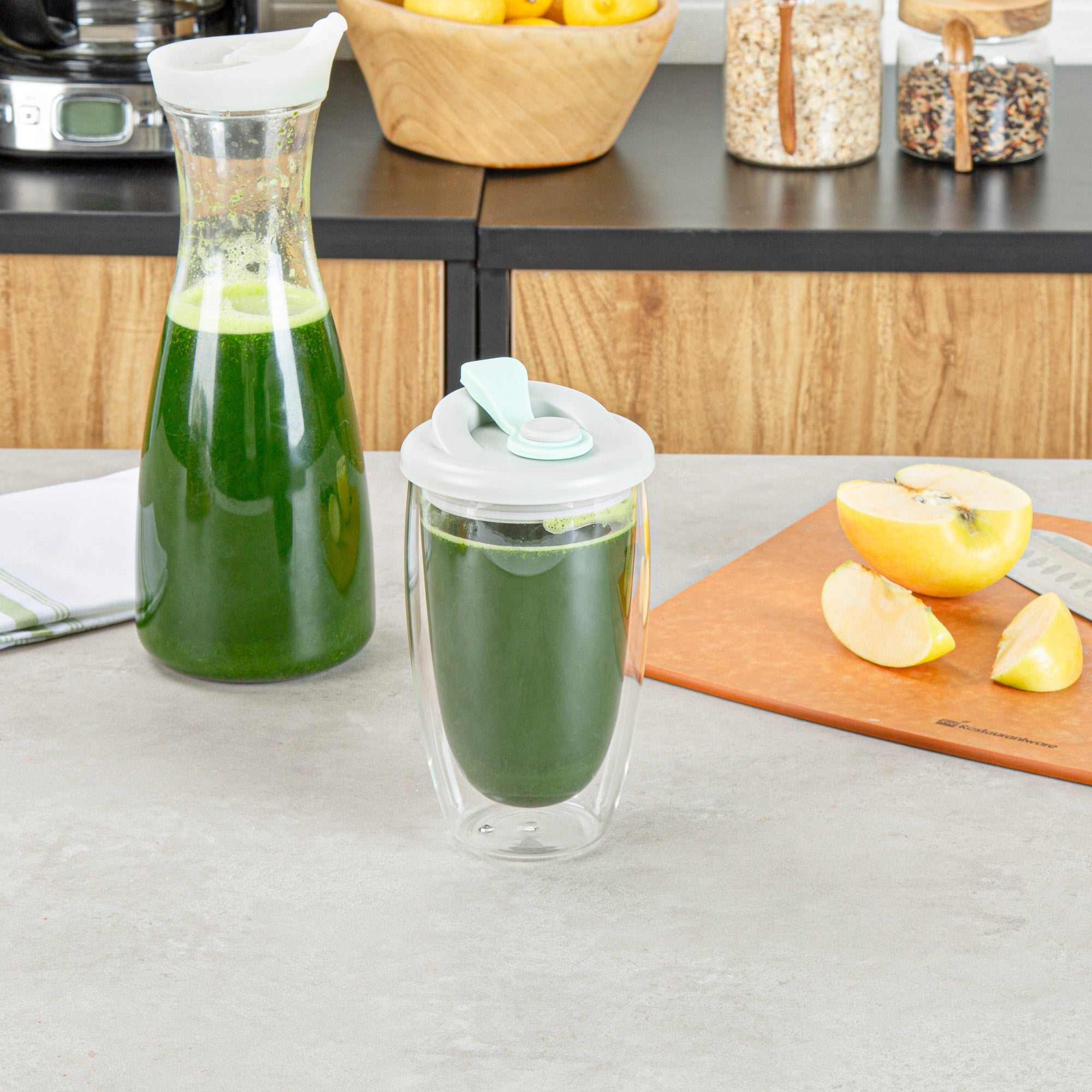 Forma Professional 15 oz Glass Travel Mug - Double Wall, Borosilicate, with Gray and Green Lid - 10 count box