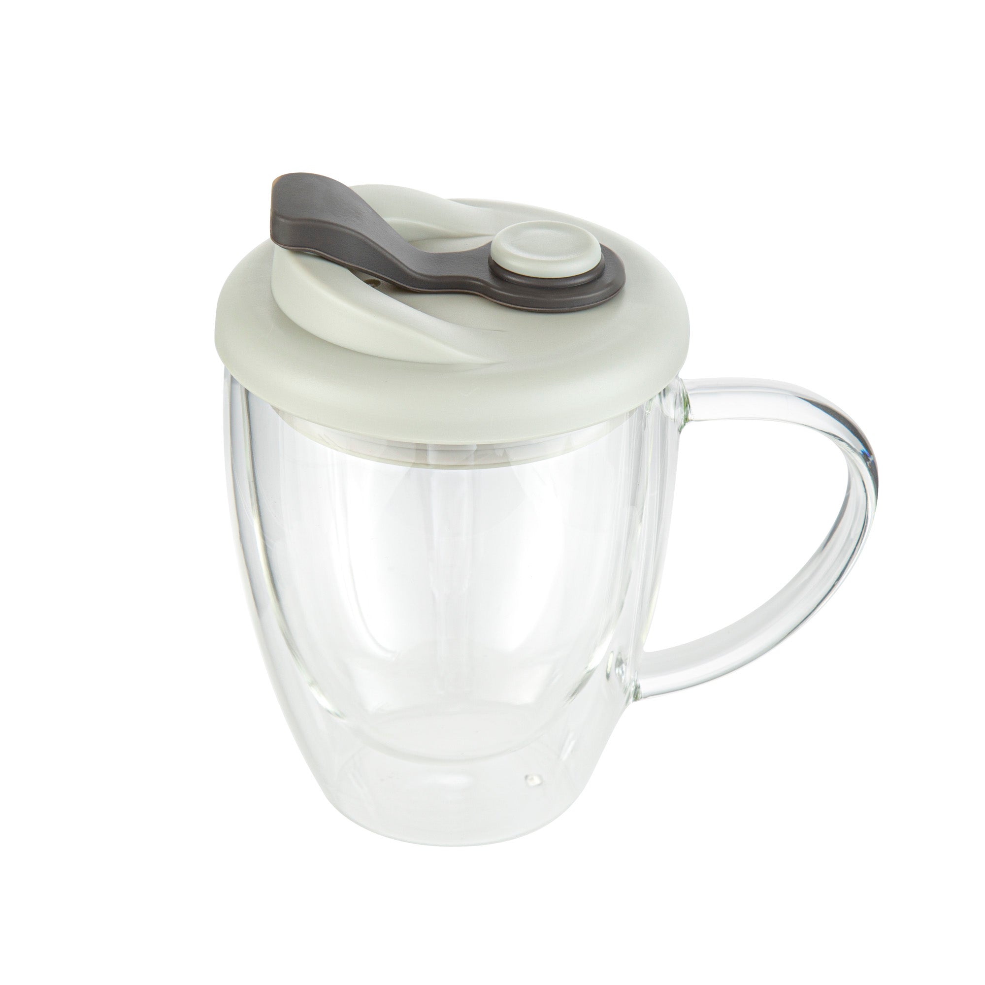 Forma Professional 12 oz Glass Travel Mug - Double Wall, Borosilicate, with Handle and Gray Lid - 1 count box