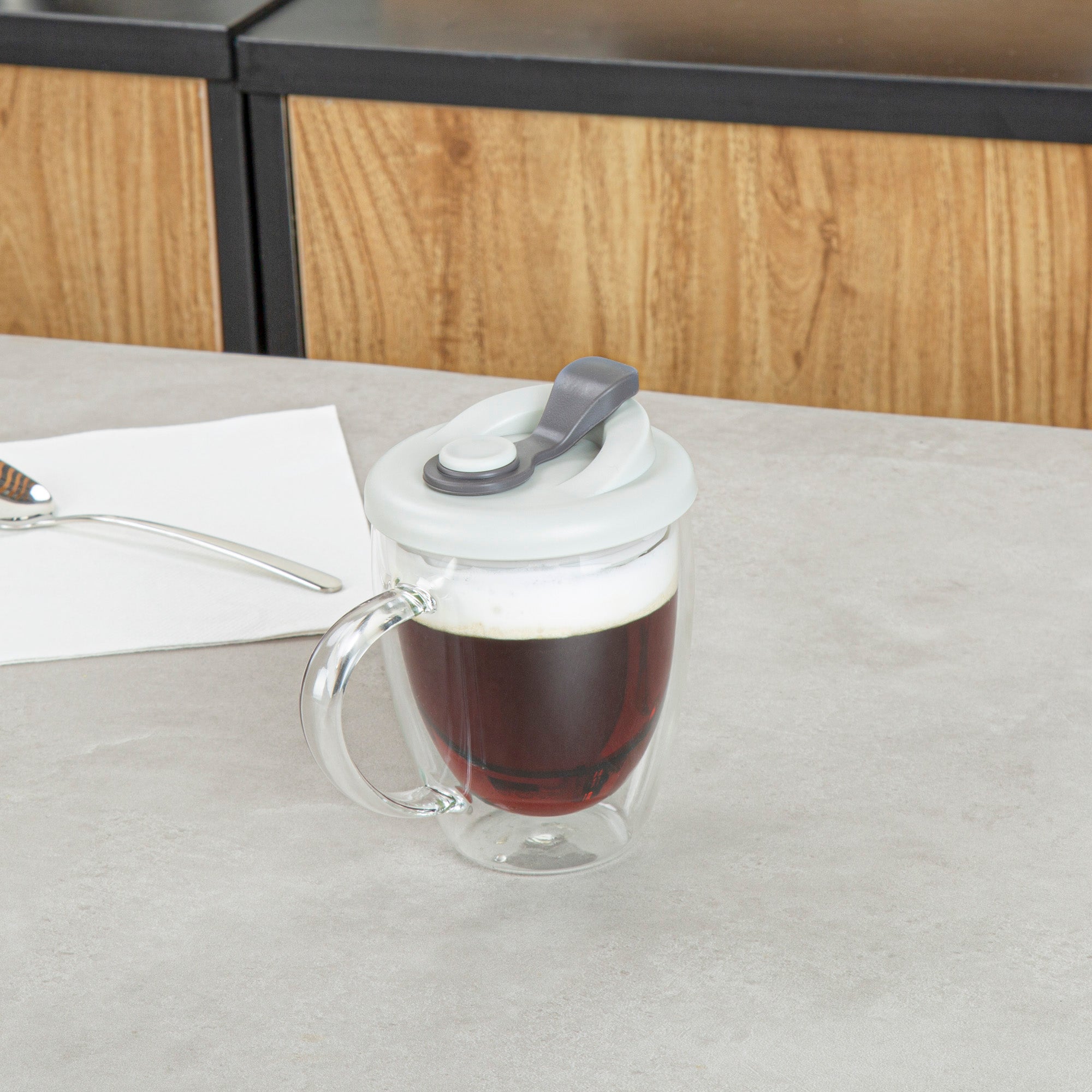 Forma Professional 12 oz Glass Travel Mug - Double Wall, Borosilicate, with Handle and Gray Lid - 1 count box