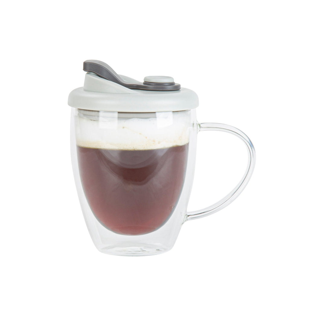 Forma Professional 12 oz Glass Travel Mug - Double Wall, Borosilicate, with Handle and Gray Lid - 1 count box