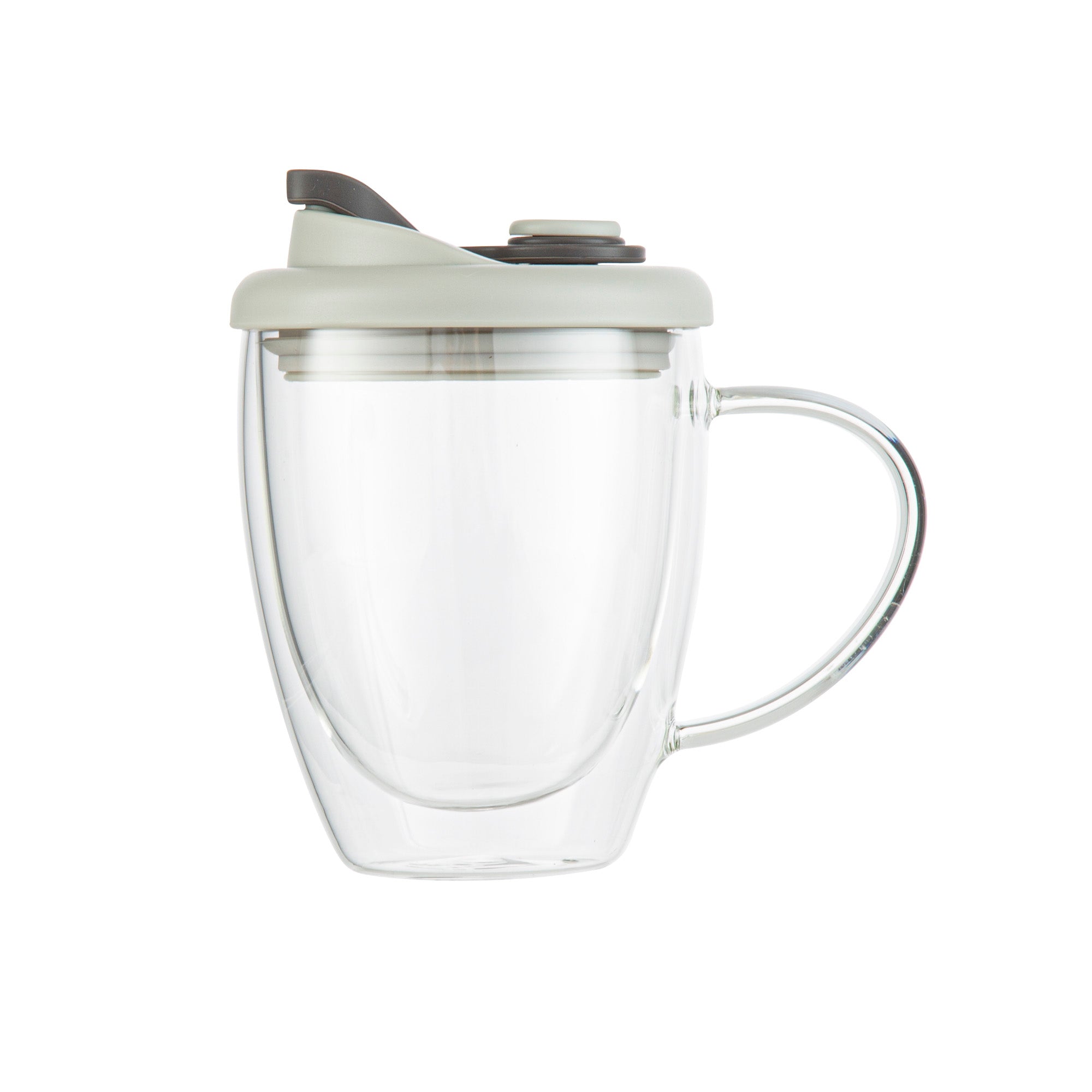 Forma Professional 12 oz Glass Travel Mug - Double Wall, Borosilicate, with Handle and Gray Lid - 1 count box