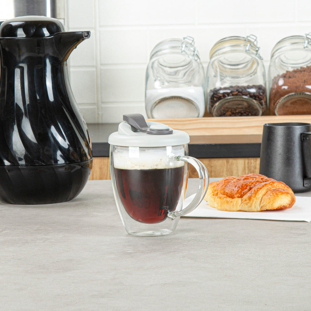 Forma Professional 12 oz Glass Travel Mug - Double Wall, Borosilicate, with Handle and Gray Lid - 1 count box