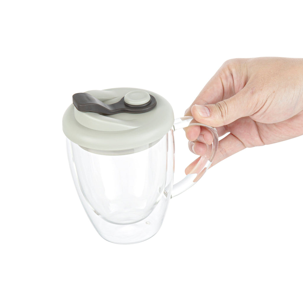 Forma Professional 12 oz Glass Travel Mug - Double Wall, Borosilicate, with Handle and Gray Lid - 10 count box