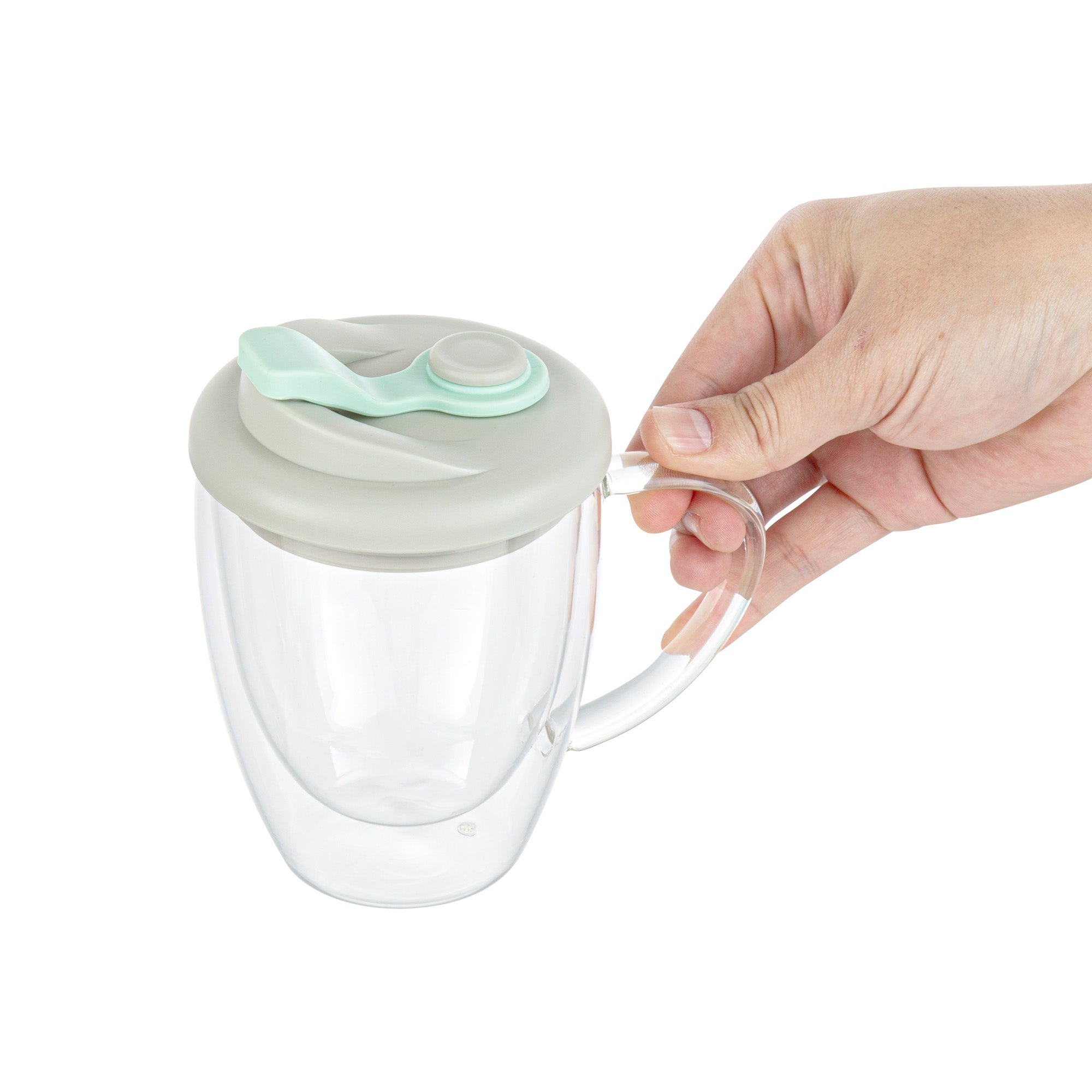 Forma Professional 12 oz Glass Travel Mug - Double Wall, Borosilicate, with Handle and Gray and Green Lid - 10 count box