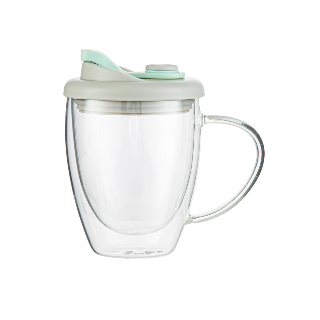 Forma Professional 12 oz Glass Travel Mug - Double Wall, Borosilicate, with Handle and Gray and Green Lid - 10 count box