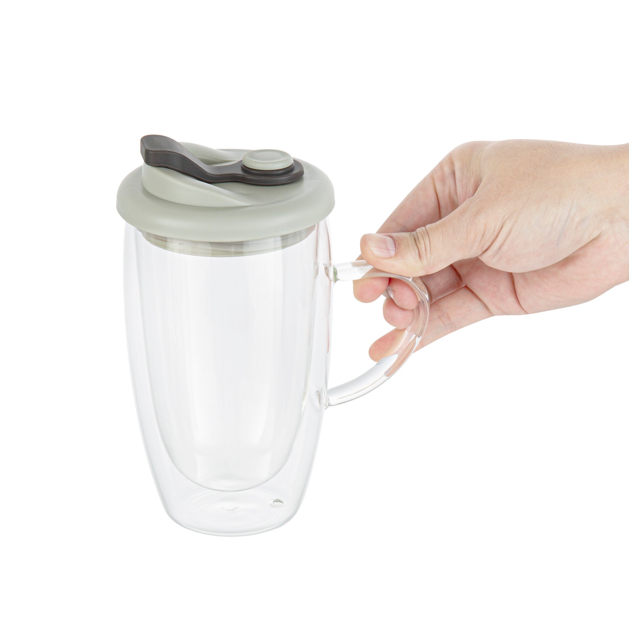 Forma Professional 15 oz Glass Travel Mug - Double Wall, Borosilicate, with Handle and Gray Lid - 1 count box