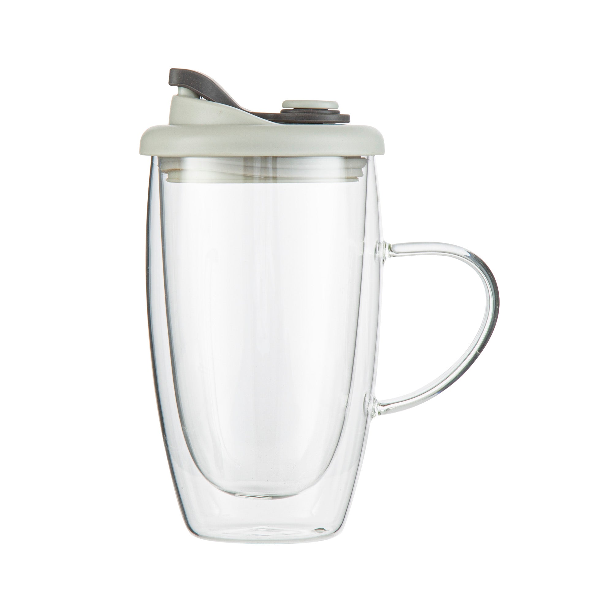 Forma Professional 15 oz Glass Travel Mug - Double Wall, Borosilicate, with Handle and Gray Lid - 1 count box