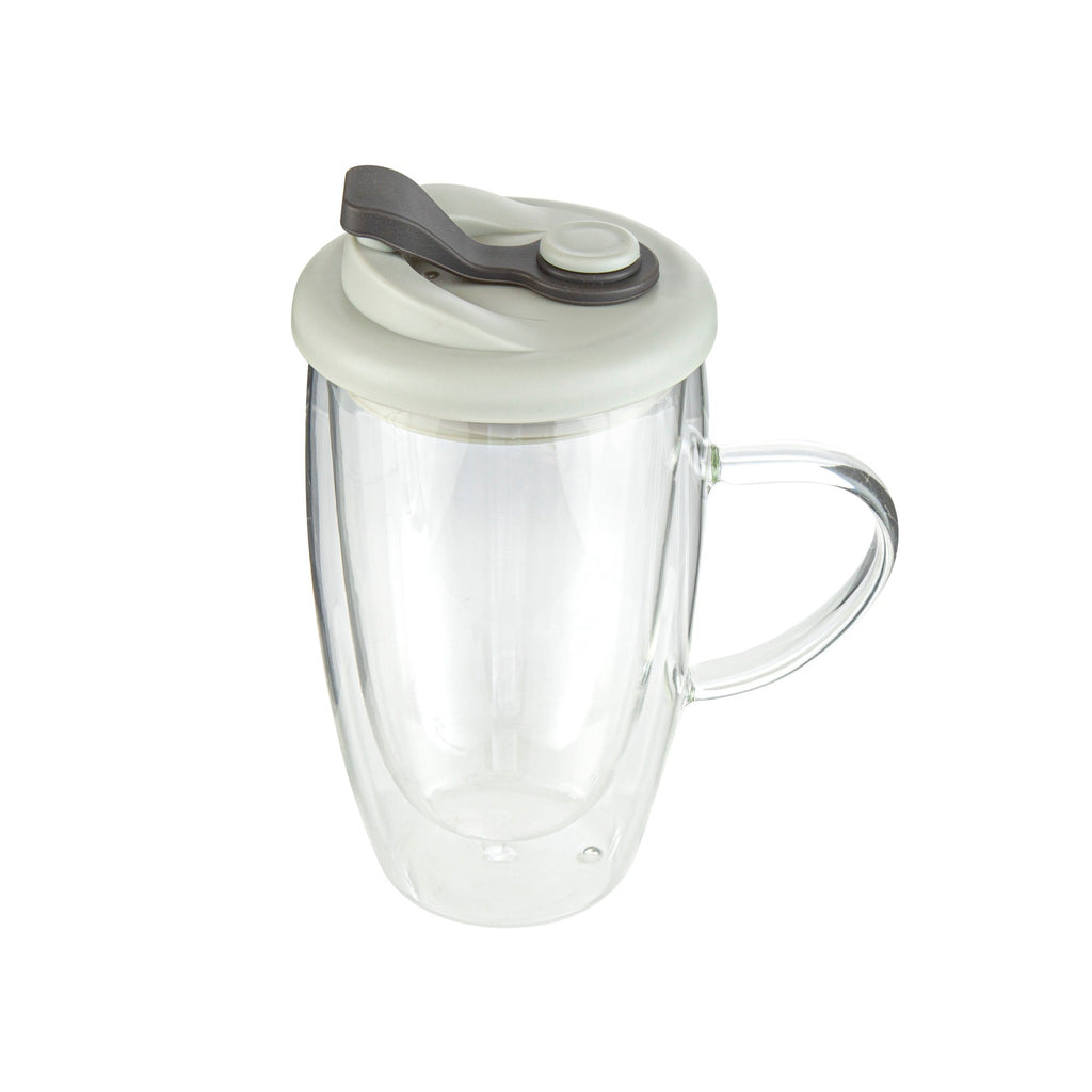 Forma Professional 15 oz Glass Travel Mug - Double Wall, Borosilicate, with Handle and Gray Lid - 10 count box