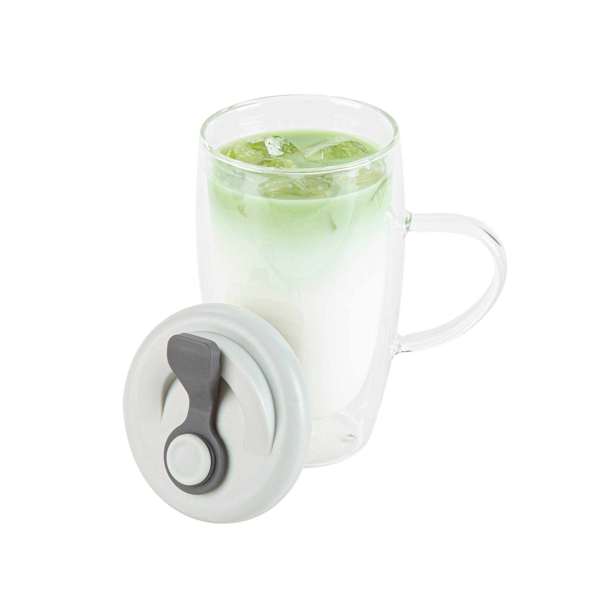 Forma Professional 15 oz Glass Travel Mug - Double Wall, Borosilicate, with Handle and Gray Lid - 10 count box