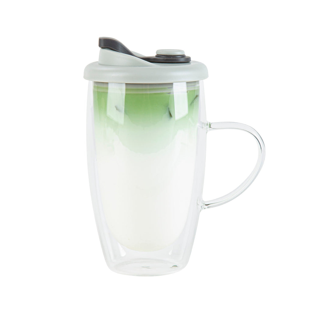 Forma Professional 15 oz Glass Travel Mug - Double Wall, Borosilicate, with Handle and Gray Lid - 10 count box