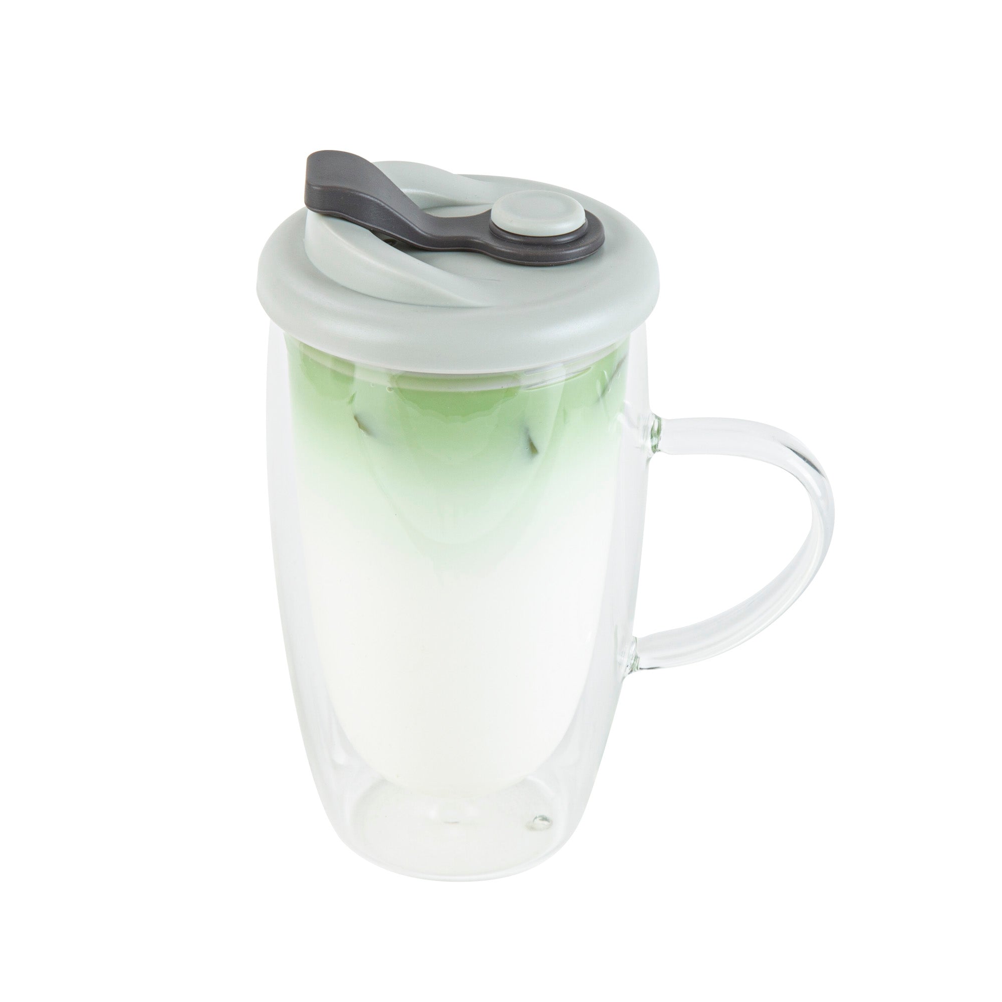 Forma Professional 15 oz Glass Travel Mug - Double Wall, Borosilicate, with Handle and Gray Lid - 10 count box