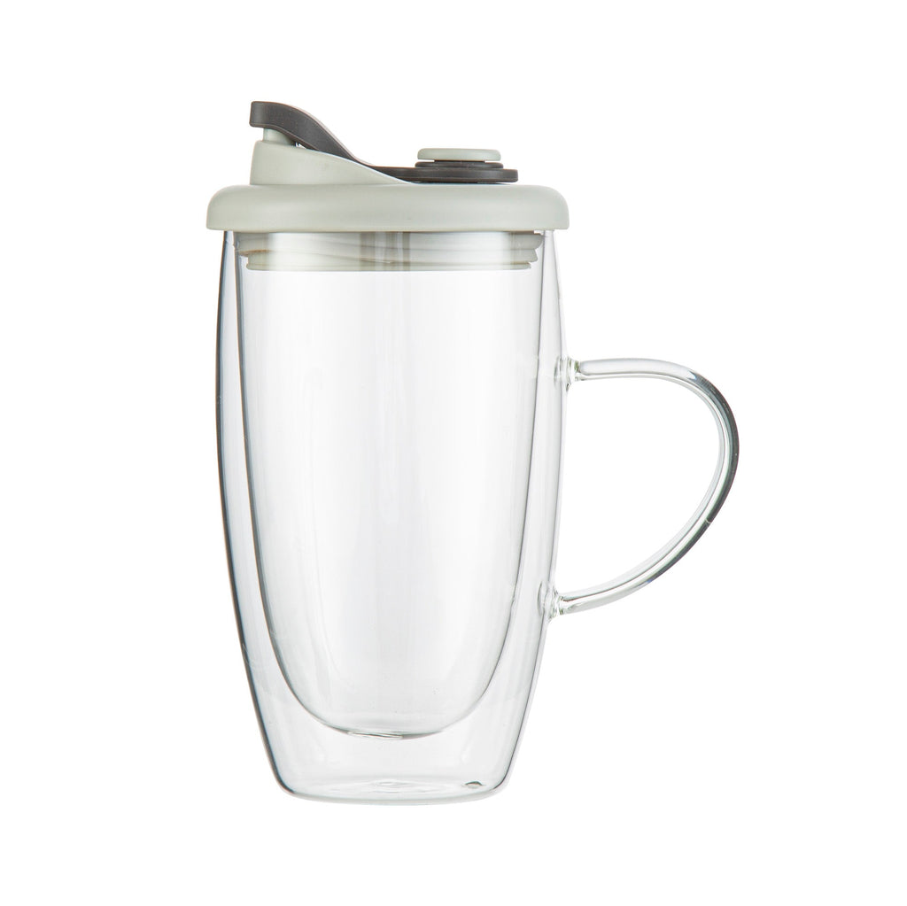 Forma Professional 15 oz Glass Travel Mug - Double Wall, Borosilicate, with Handle and Gray Lid - 10 count box