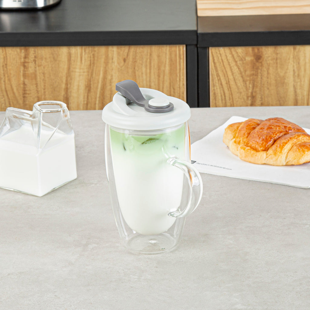 Forma Professional 15 oz Glass Travel Mug - Double Wall, Borosilicate, with Handle and Gray Lid - 10 count box