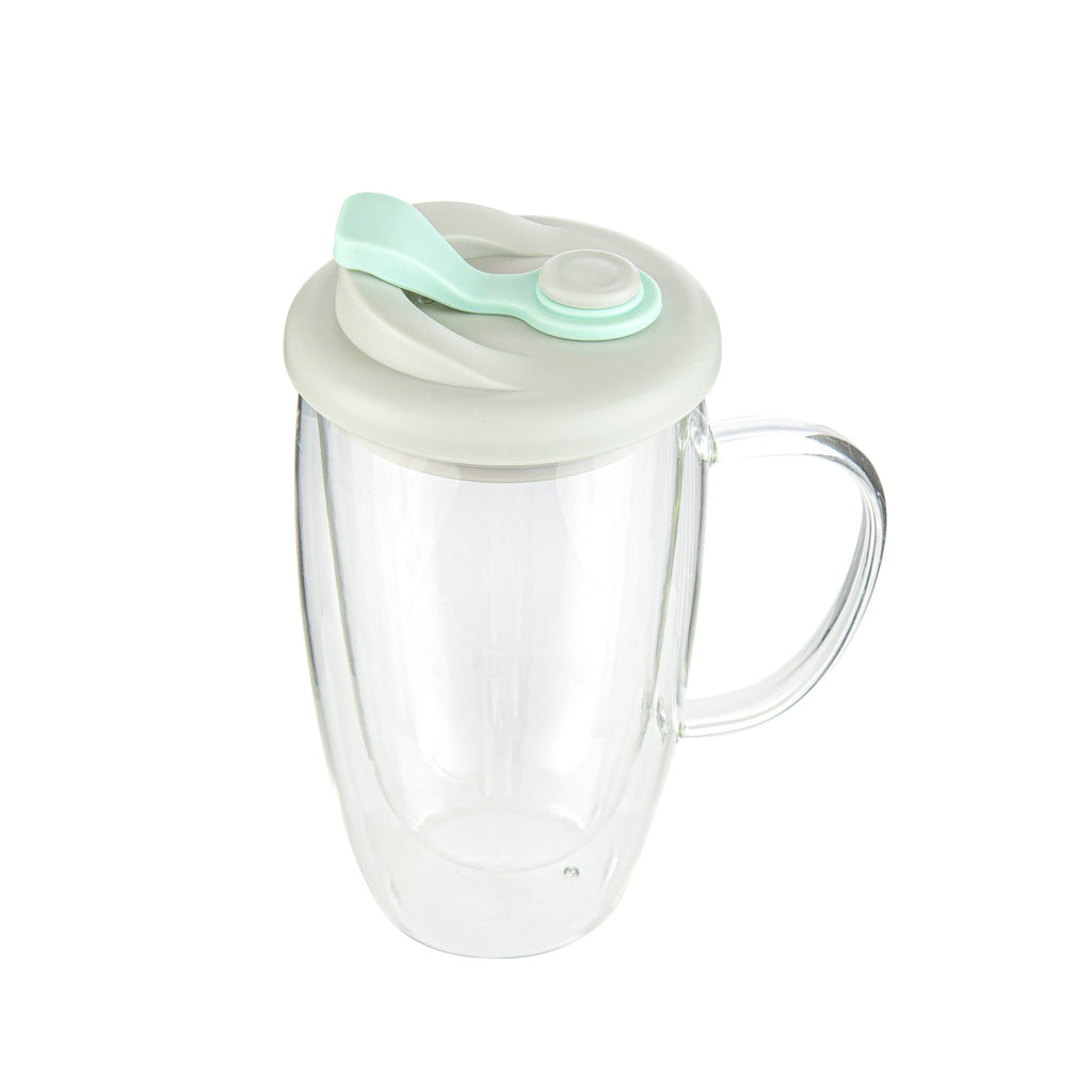 Forma Professional 15 oz Glass Travel Mug - Double Wall, Borosilicate, with Handle and Gray and Green Lid - 1 count box