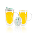 Forma Professional 15 oz Glass Travel Mug - Double Wall, Borosilicate, with Handle and Gray and Green Lid - 1 count box