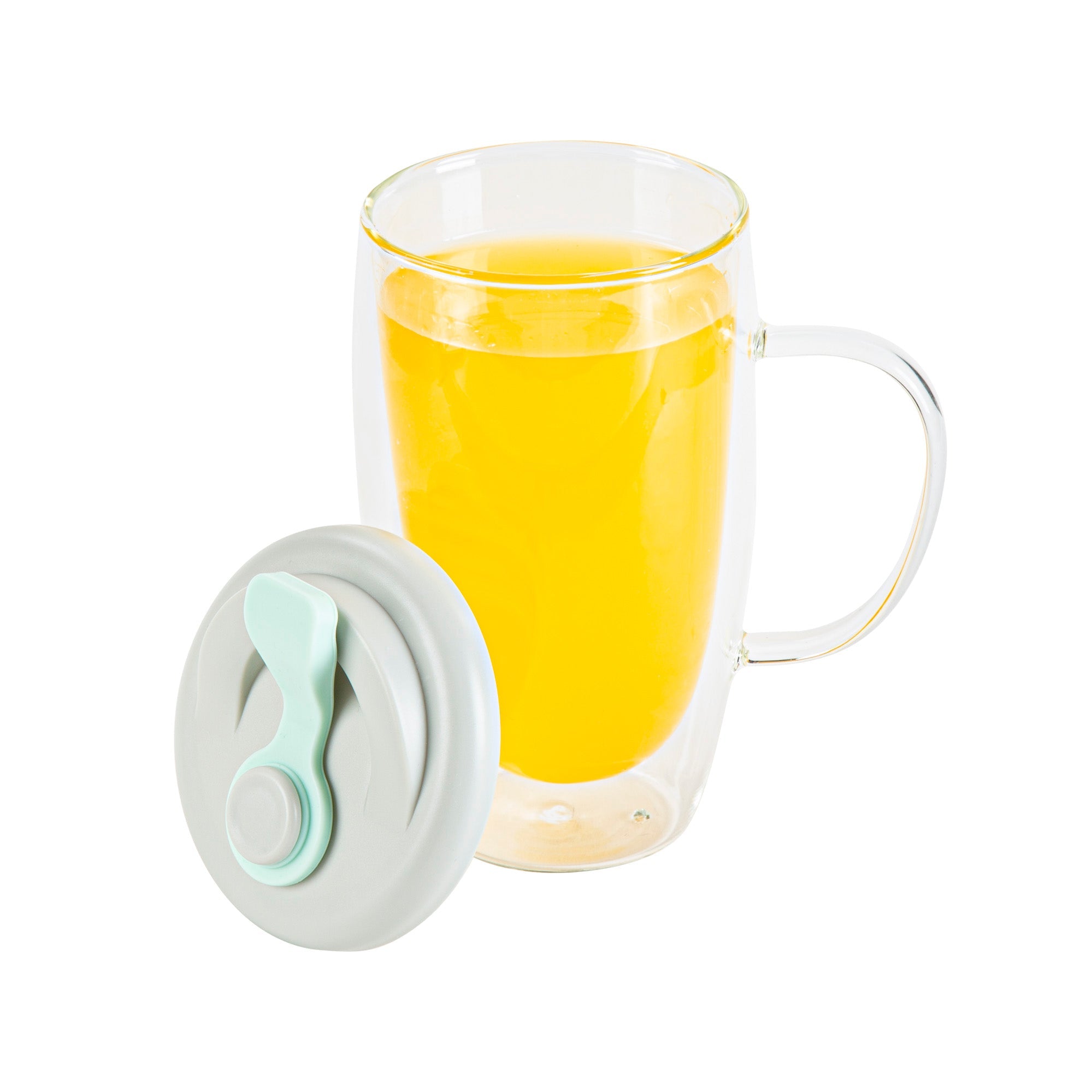 Forma Professional 15 oz Glass Travel Mug - Double Wall, Borosilicate, with Handle and Gray and Green Lid - 1 count box