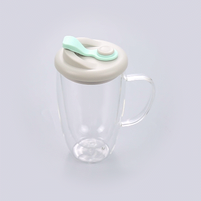 Forma Professional 15 oz Glass Travel Mug - Double Wall, Borosilicate, with Handle and Gray and Green Lid - 1 count box