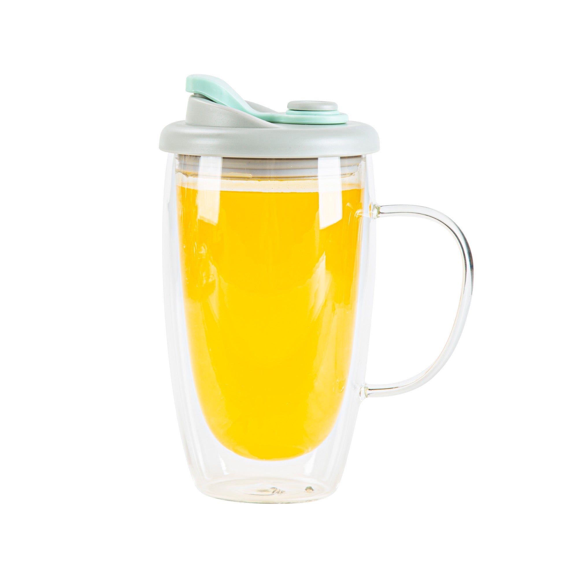 Forma Professional 15 oz Glass Travel Mug - Double Wall, Borosilicate, with Handle and Gray and Green Lid - 10 count box