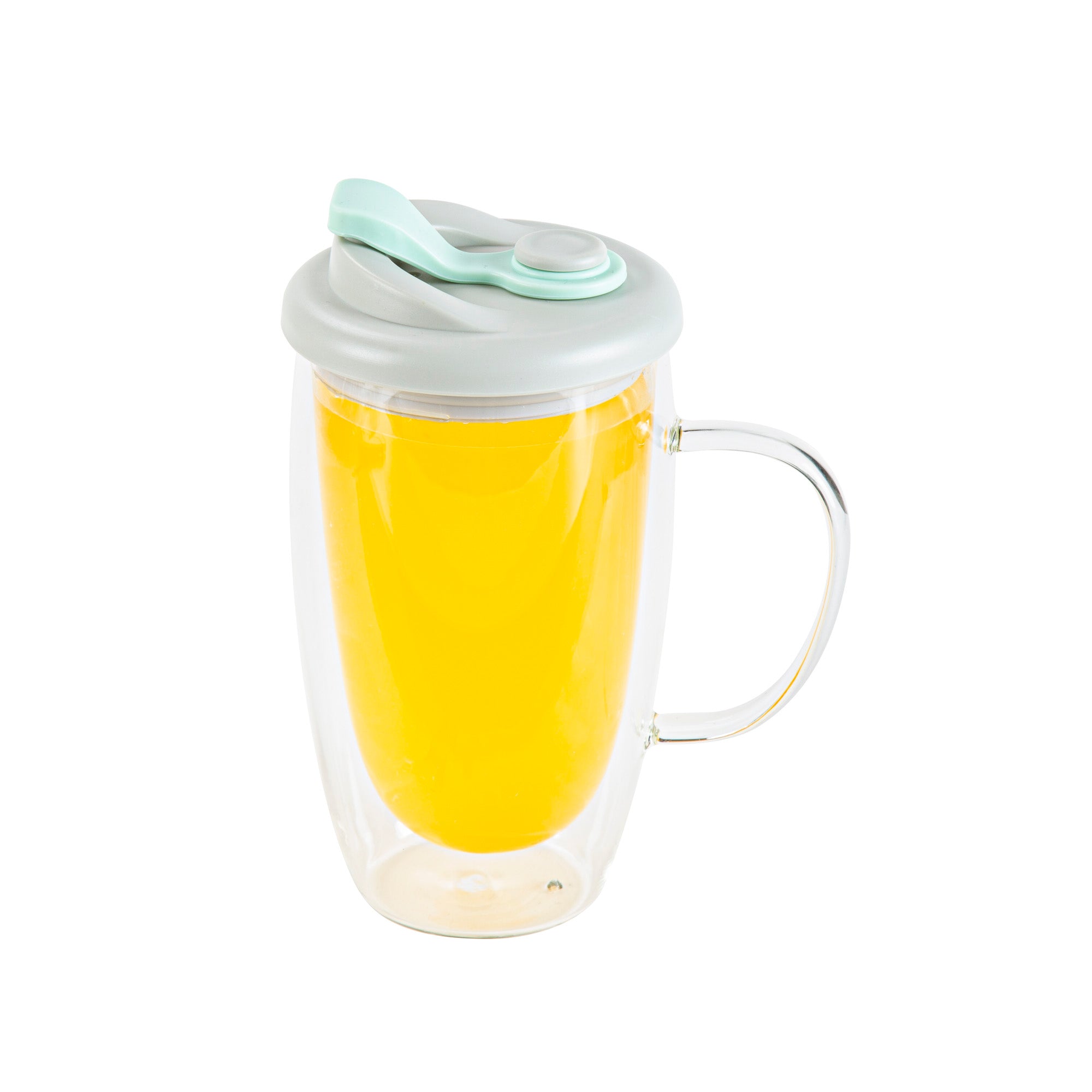 Forma Professional 15 oz Glass Travel Mug - Double Wall, Borosilicate, with Handle and Gray and Green Lid - 10 count box