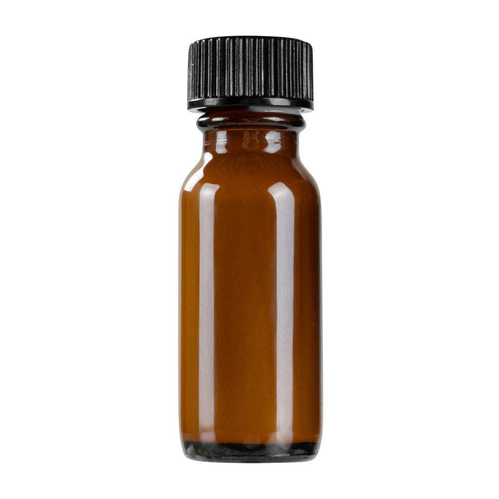 Vetri 0.5 oz Boston Round Amber Glass Bottle - with Black Phenolic Cap - 1" x 1" x 2 3/4" - 48 count box