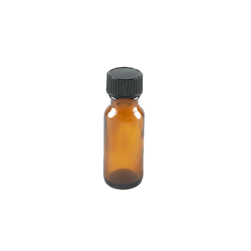 Vetri 0.5 oz Boston Round Amber Glass Bottle - with Black Phenolic Cap - 1" x 1" x 2 3/4" - 48 count box