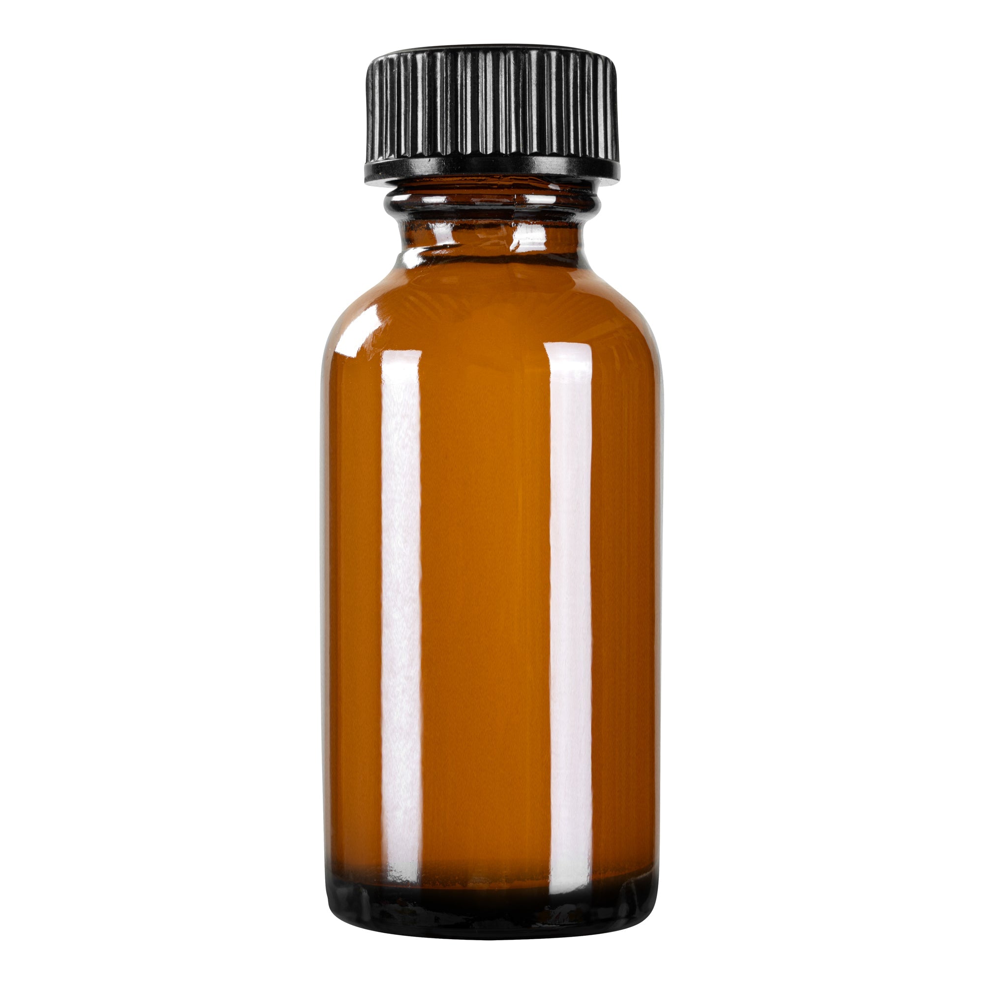 Vetri 1 oz Boston Round Amber Glass Bottle - with Black Phenolic Cap - 1 1/4" x 1 1/4" x 3" - 48 count box