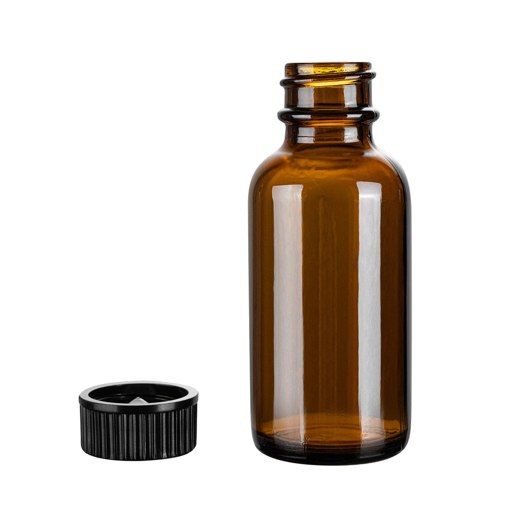 Vetri 1 oz Boston Round Amber Glass Bottle - with Black Phenolic Cap - 1 1/4" x 1 1/4" x 3" - 48 count box