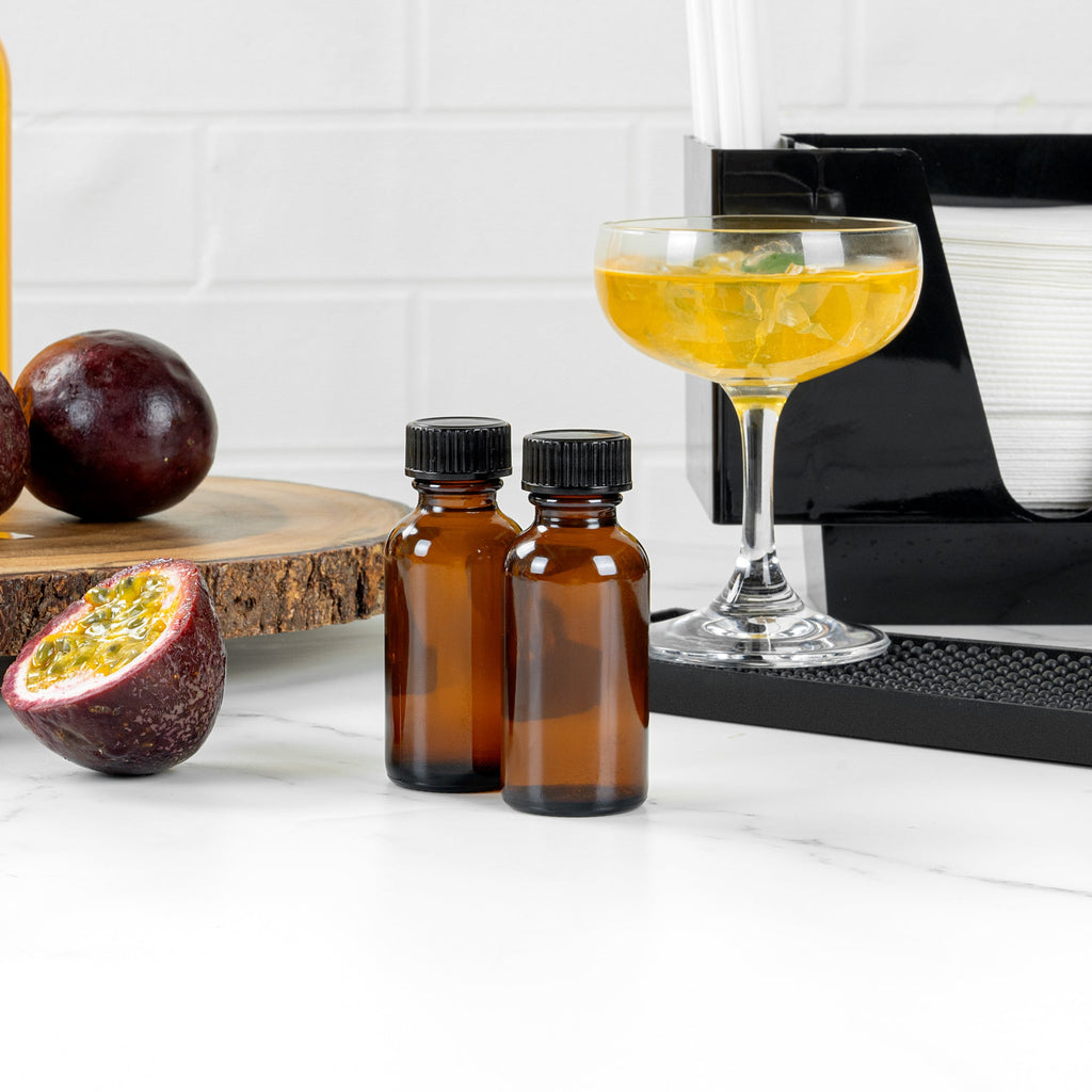 Vetri 1 oz Boston Round Amber Glass Bottle - with Black Phenolic Cap - 1 1/4" x 1 1/4" x 3" - 48 count box