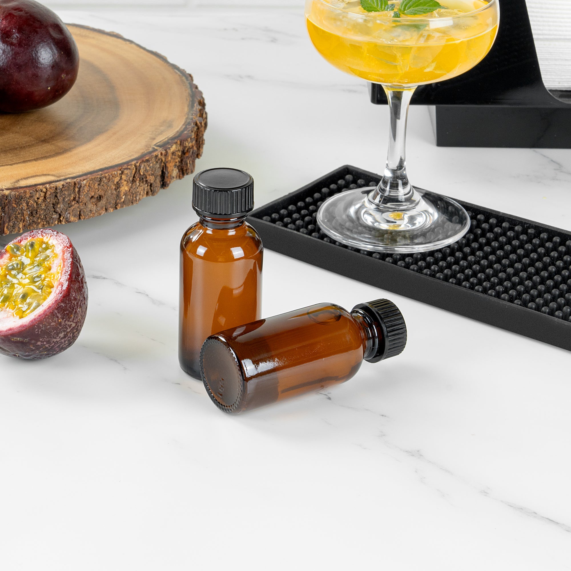 Vetri 1 oz Boston Round Amber Glass Bottle - with Black Phenolic Cap - 1 1/4" x 1 1/4" x 3" - 48 count box