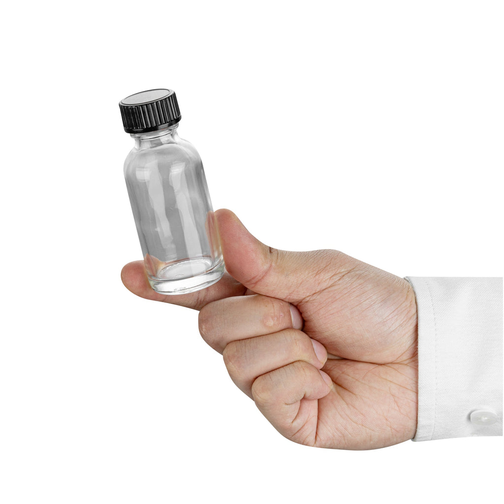 Vetri 1 oz Boston Round Clear Glass Bottle - with Black Phenolic Cap - 1 1/4" x 1 1/4" x 3" - 48 count box