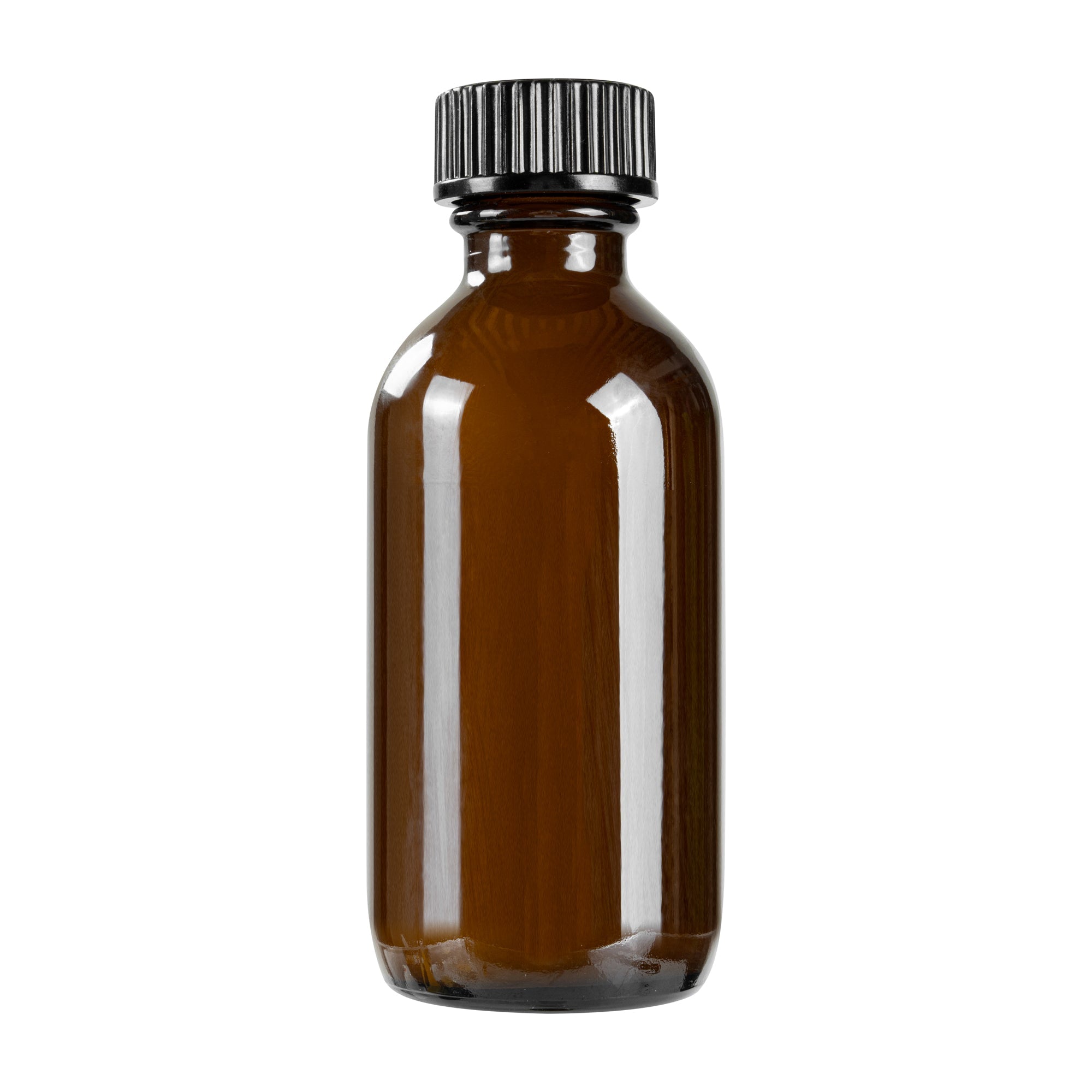 Vetri 2 oz Boston Round Amber Glass Bottle - with Black Phenolic Cap - 1 1/2" x 1 1/2" x 3 3/4" - 48 count box