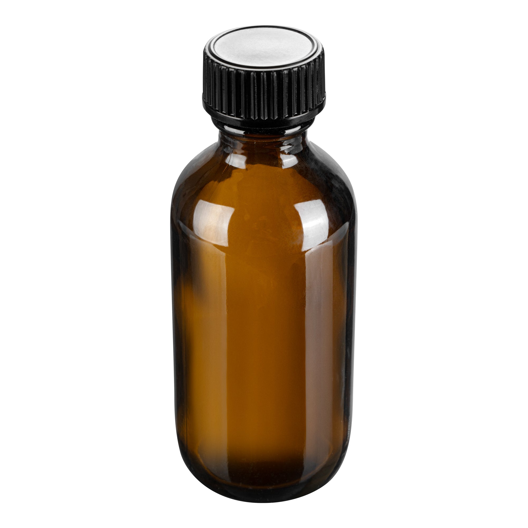 Vetri 2 oz Boston Round Amber Glass Bottle - with Black Phenolic Cap - 1 1/2" x 1 1/2" x 3 3/4" - 48 count box