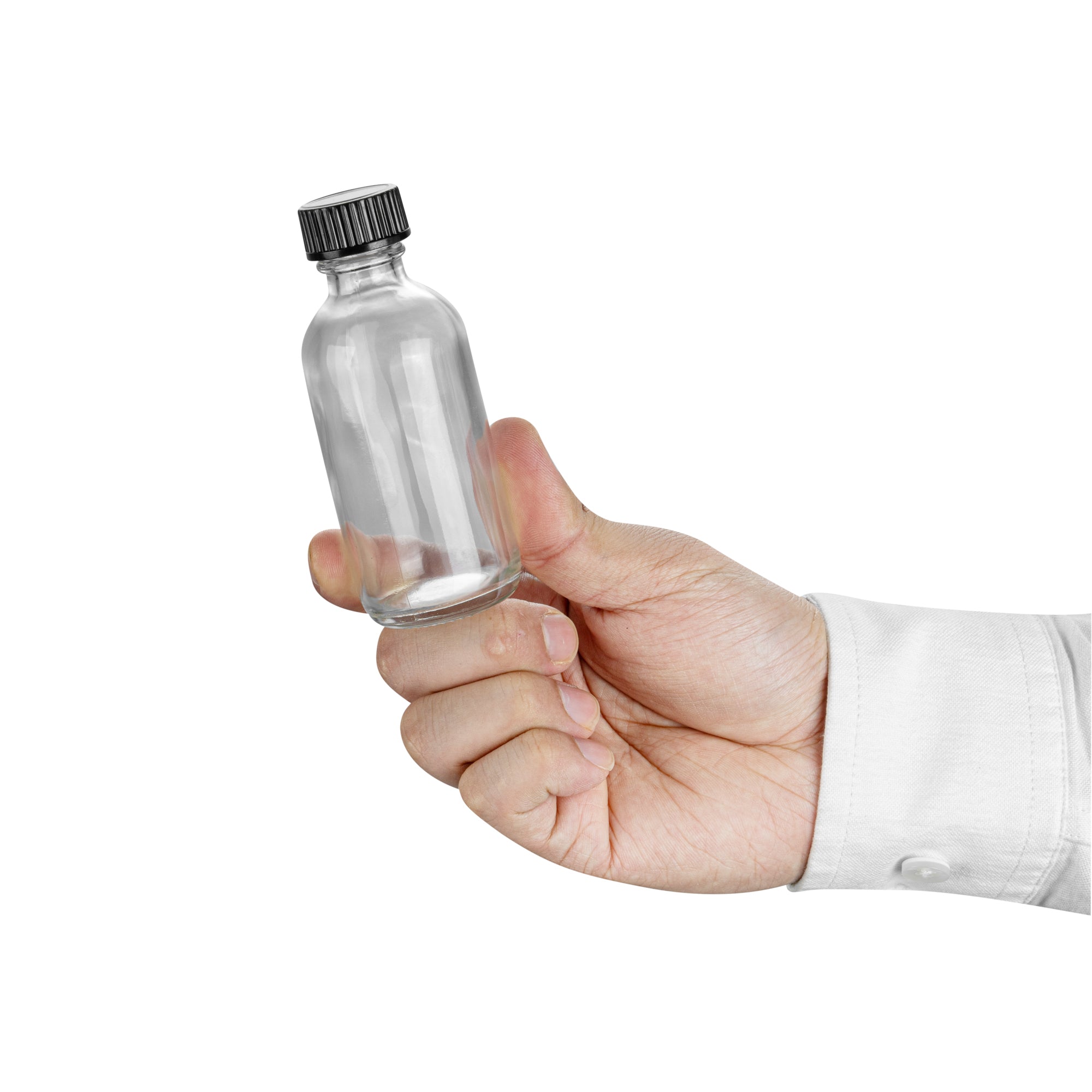 Vetri 2 oz Boston Round Clear Glass Bottle - with Black Phenolic Cap - 1 1/2" x 1 1/2" x 3 3/4" - 48 count box