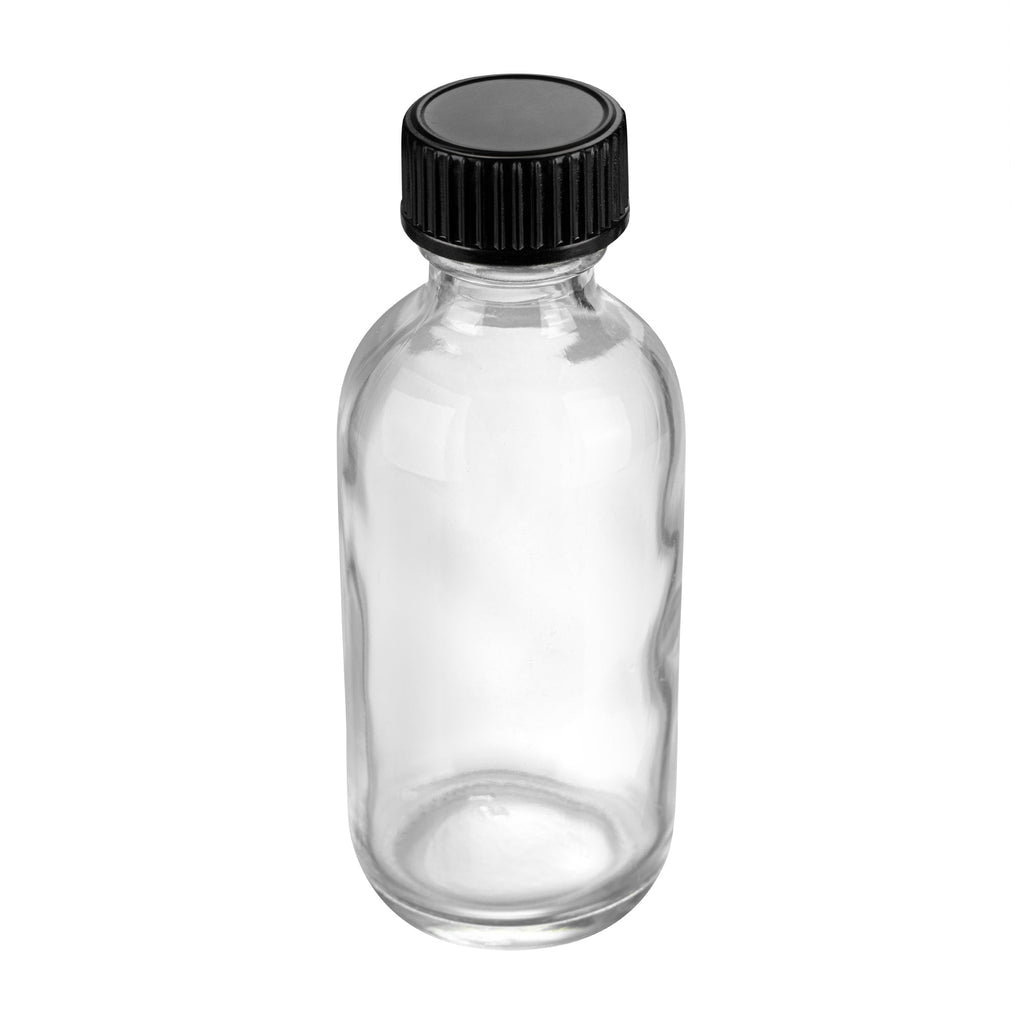 Vetri 2 oz Boston Round Clear Glass Bottle - with Black Phenolic Cap - 1 1/2" x 1 1/2" x 3 3/4" - 48 count box