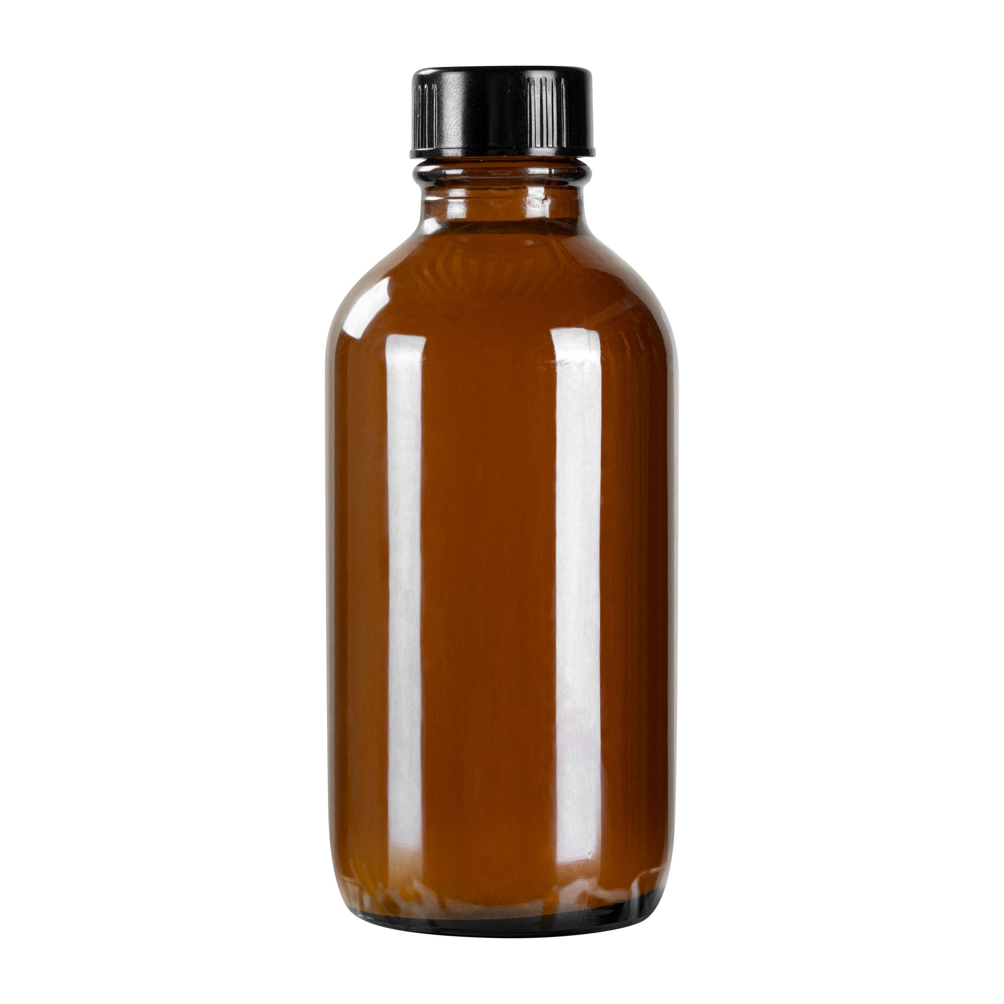 Vetri 4 oz Boston Round Amber Glass Bottle - with Black Phenolic Cap - 2" x 2" x 4 1/2" - 24 count box